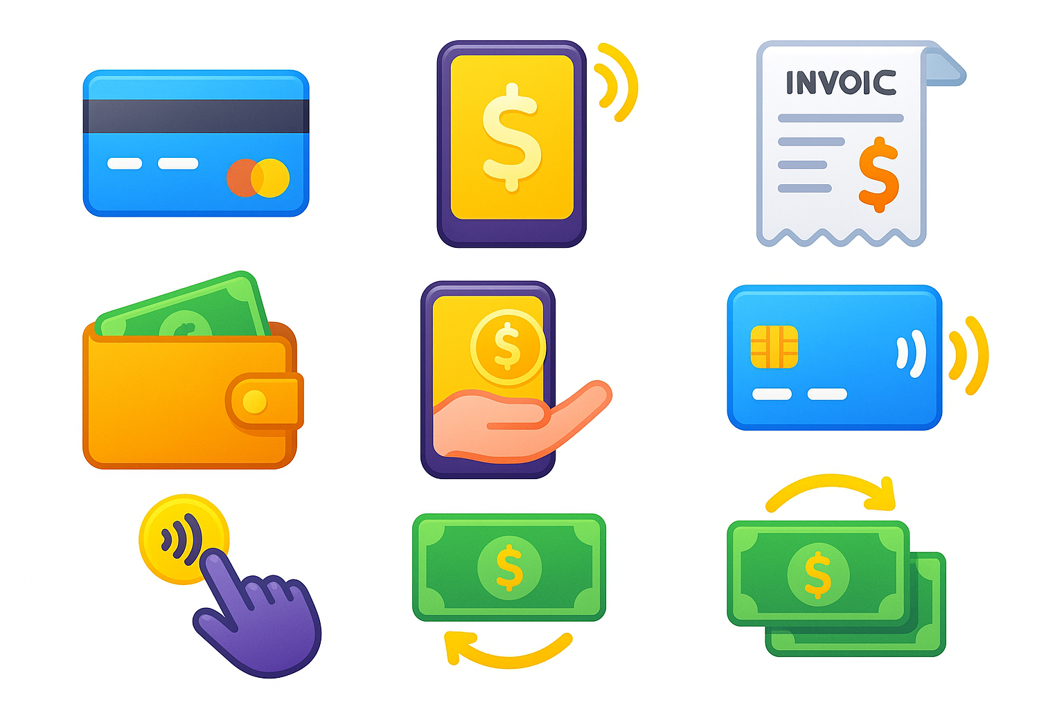 emojit, joustavat maksutavat, mobiilimaksu- ja laskukuvakkeet